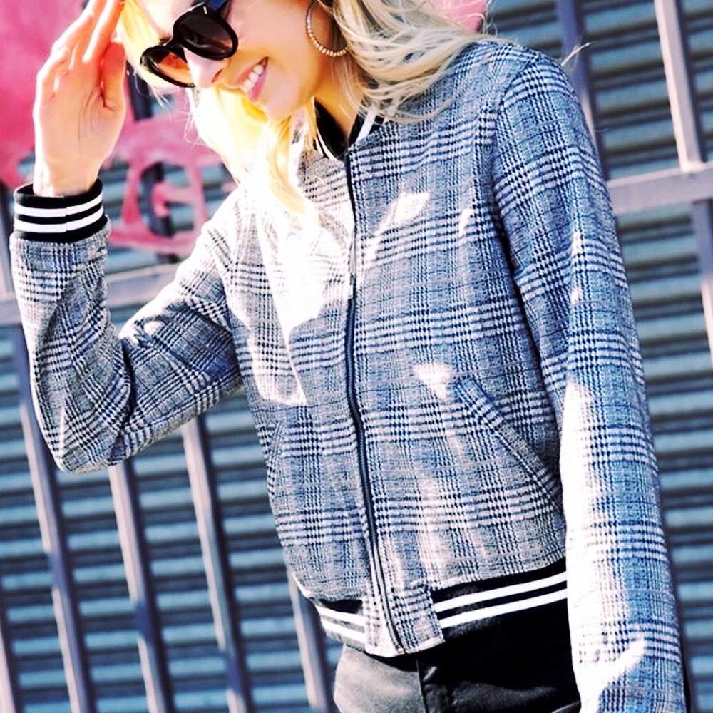 Y2K Plaid Cropped Houndstooth Bomber Jacket